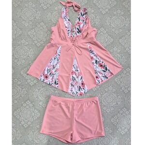 Pink Floral Tankini Swim Dress and Shorts Set Lace Up Halter Size L